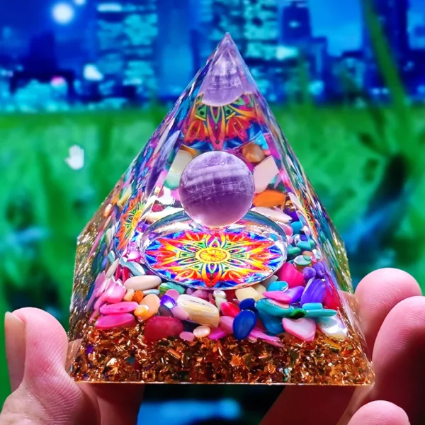 Orgone Energy Pyramid – Amethyst & Peridot Crystal Chakra Generator for Healing, Meditation & Abundance - Image 11